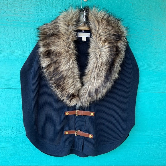 MICHAEL KORS ANGORA BLEND FUR COLLAR BUCKLE SWEATER NAVY BLUE SIZE MEDIUM - Picture 5 of 14